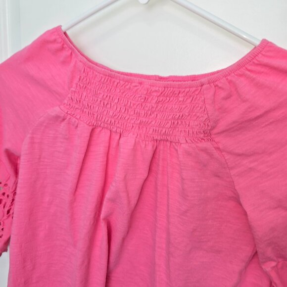 Arizona Top Pink Smocked Eyelet Girls Size Medium 10/12 Boho 3/4 Sleeve Cottage - Picture 3 of 5